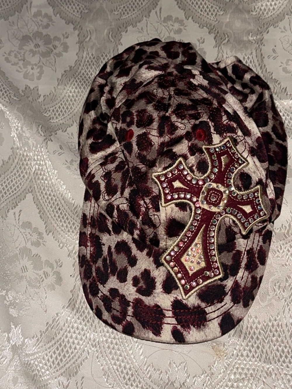 Leopard Print Cap with Jeweled Cross - Burgundy/Beige